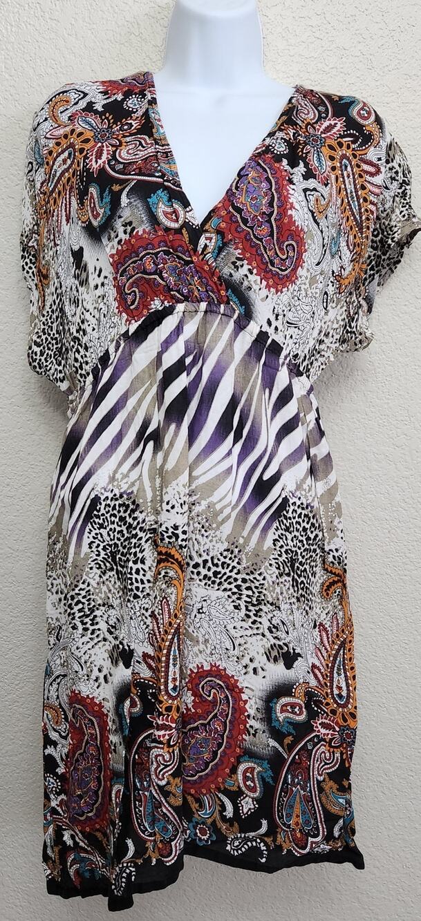 She's Cool Purple Black White Crisscross Bodice Mini Dress Large Batwing Sleeves